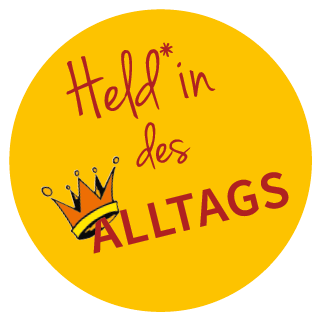 Gelbes Logo mit roter Aufschrift: Held*in des Alltags
